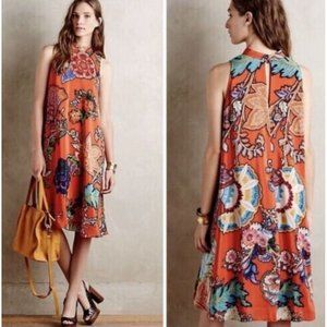 🆕 MAEVE Anthro Larkhill Silk Boho XS Dress Trapeze Swing Floral Orange Colorful